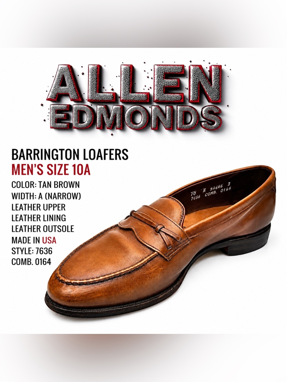 Allen Edmonds Barrington Loafers Men’s Size 10A Tan Brown Leather Strap USA